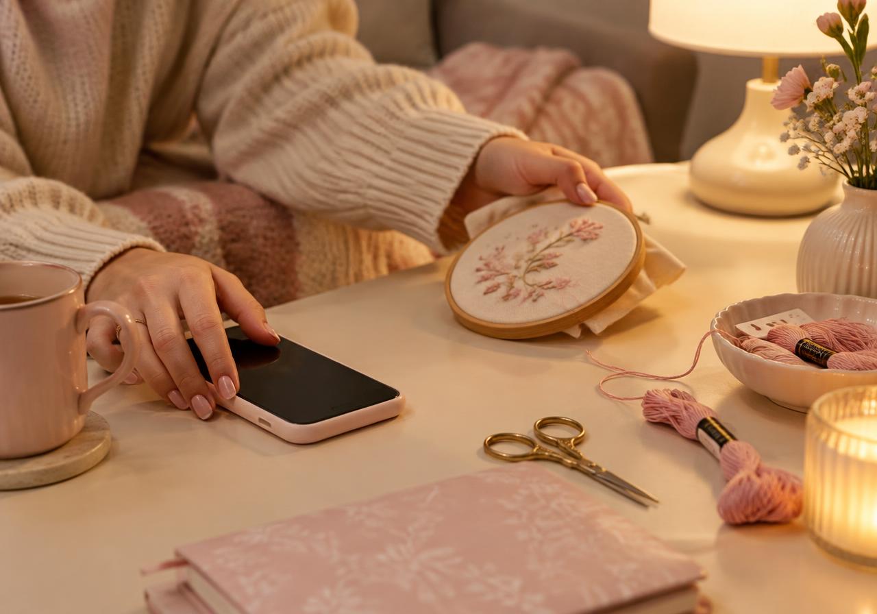 Hands setting a phone face-down and picking up a pink embroidery hoop