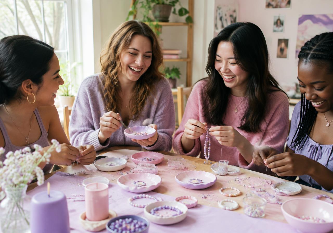 Friends laughing while making clay dishes and beaded bracelets