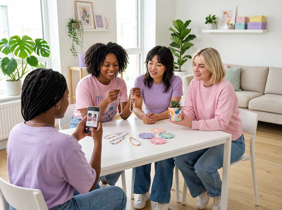 Young adult craft friends sharing beaded phone charms, crochet flowers, and a painted plant pot