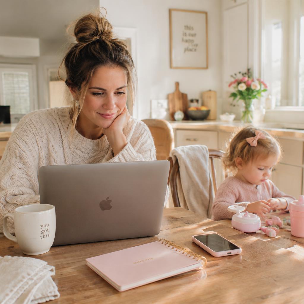 Mom working on a laptop while her toddler plays