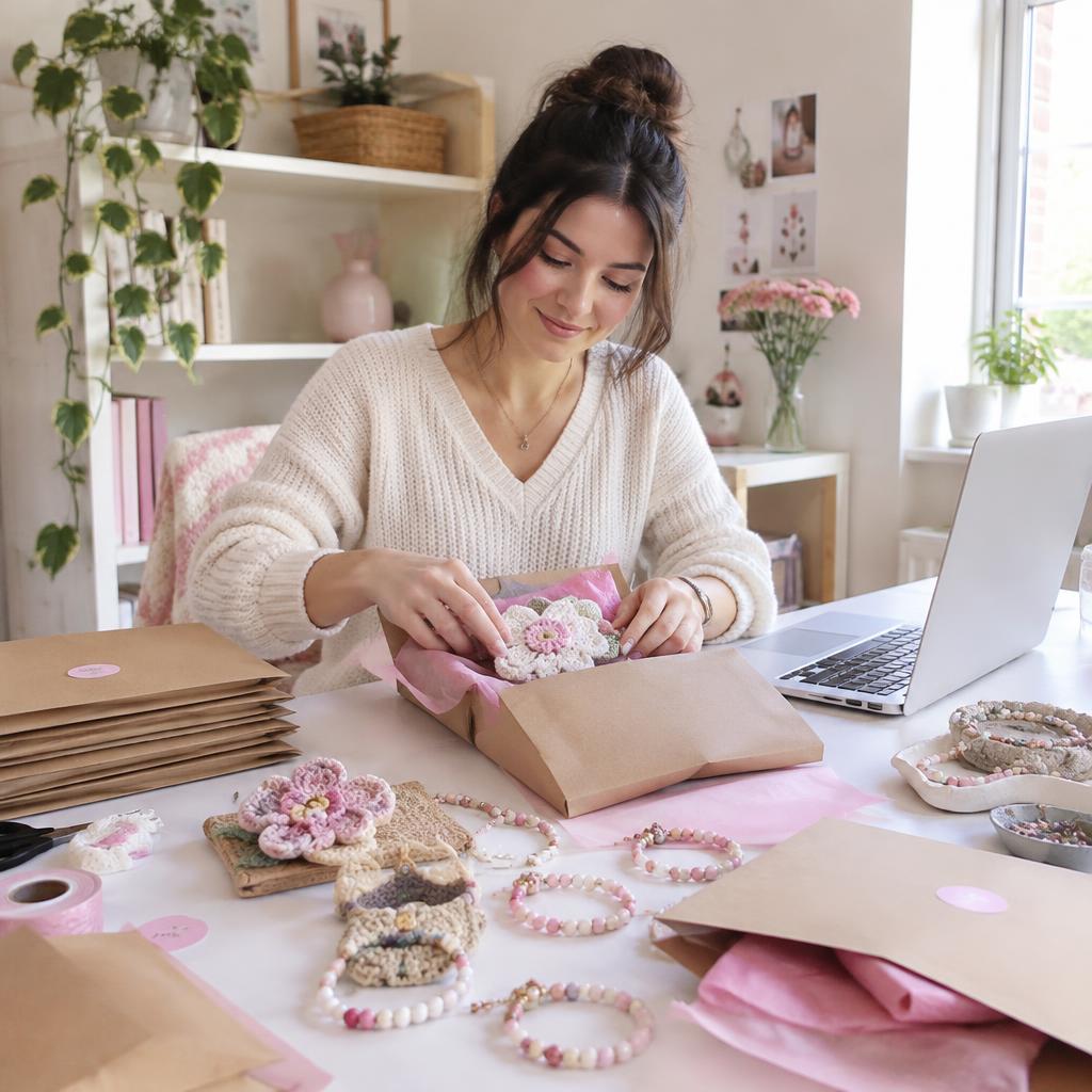 Woman packing handmade items for her small shop